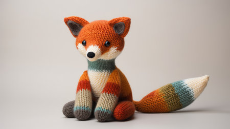 a knitted fox plush doll, crafted with cotton and acrylic thread, showcases a warm color palette and horizontal stripes. its vibrant coloration, soft edges, and blurred details add to its charm. this colourful and plush doll art exudes childlike simplicity. ai generatedの素材