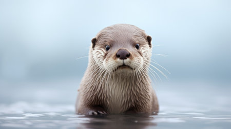 a small otter with a strong facial expression looks directly at the camera while swimming in water. this realistic animal portrait, captured in the style of light beige and sky-blue, showcases the otter's serene maritime habitat. the photo, reminiscent of national geographic's stunning imagery, is rendered using vray technology and evokes the playful charm of wimmelbilder illustrations. ai generatedの素材