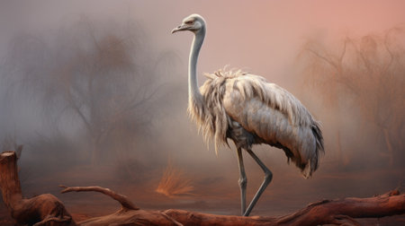 a humpback tepui, depicted in the style of realistic bird paintings from the eastern zhou dynasty, is seen perched on a dead tree. the color palette consists of light orange and light beige, with a focus on capturing the texture of fur and feathers. created using cinema4d, this artwork also incorporates elements of traditional african art, set against a smokey background. ai generatedの素材