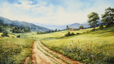 a stunning watercolor painting captures the beauty of a mountain road winding through a picturesque valley. the artwork exudes the charm of poetic pastoral scenes, reminiscent of the farm security administration aesthetics. with its 8k resolution and 32k uhd quality, this piece showcases the artist's mastery of traditional oil painting techniques. shot with a pentax k1000, this artwork embodies the essence of mingei craftsmanship. aiの素材