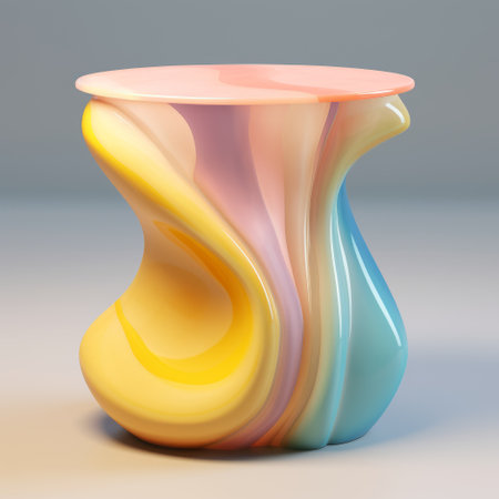 a 3d printed vase created using 3ds max design software, featuring a captivating swirling colors design. the pastel palette adds a touch of softness to the overall aesthetic. with motion blur and cartoon abstraction, this vase showcases the artistic vision of wlad safronow. crafted from glass and ceramics, it is a stunning piece for tabletop photography. ai generatedの素材