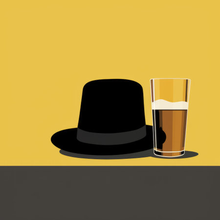 a hat with a glass of beer, showcasing conceptual minimalism. the image features a light amber and black color scheme, with contrasting backgrounds. it is an editorial illustration with bold chromaticity, evoking a sense of the great depression. the photo is of high resolution. ai generatedの素材