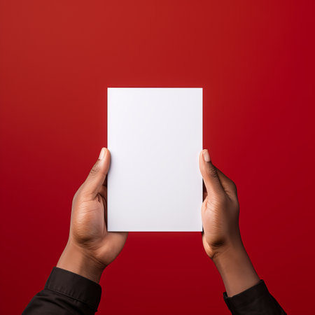 the hands of a black man hold up a blank white paper against a background of red cloth. this minimalist and elegant style captures the essence of object portraiture. the contrast-focused photo showcases the uniformly staged image, creating a monochromatic minimalist portrait. perfect for showcasing books, portfolios, or any cardboard-based projects. ai generatedの素材