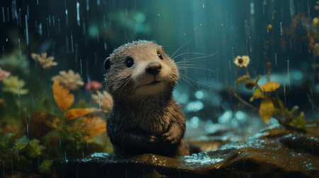 a cute otter braving the rain under a delicate flower, showcased in the stunning style of unreal engine 5. this narrative-driven visual storytelling masterpiece features hyper-detailed rendering in 32k uhd, capturing the essence of nature. with sharp and clever humor, this photo resembles a captivating movie still. ai generatedの素材