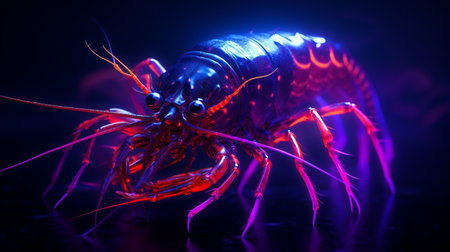 shrimp illuminated by vibrant neon lights, creating a captivating contrast against the dark floor. this hyper-realistic photo showcases the intricate details of the shrimp, resembling a stunning animal illustration. the composition features a fusion of dark violet and red hues, evoking a chromepunk and bronzepunk aesthetic. the realistic animal portrait is enhanced by the use of cryengine technology. ai generatedの素材