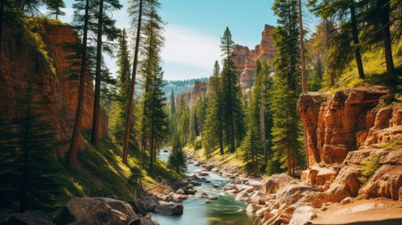 a breathtaking 8k resolution photo captures a whimsical wilderness scene of a canyon adorned with majestic pine trees and lush greenery. the romantic riverscape style showcases the grandiose color schemes of nature, where the metropolis meets the serenity of the natural world. the photo is bathed in natural lighting, highlighting the vibrant shades of green and brown that define this enchanting landscape. ai generatedの素材