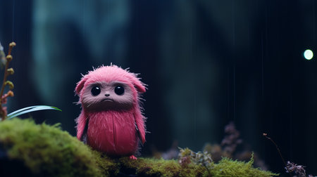 a pink stuffed octopus gazes towards an enchanting scene, reminiscent of atmospheric woodland imagery. this captivating artwork, created using cinema4d, showcases a furry art style. inspired by the works of daan roosegaarde and atey ghailan, the piece exudes a cute and dreamy aesthetic. the wet-on-wet blending technique adds a touch of fluidity to the overall composition. ai generatedの素材