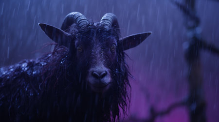 a goat stands in the rain under a purple sky, portrayed in a horror-inspired style using cinema4d. the close-up shot, captured with a zeiss batis 18mm f2.8 lens, adds intensity to the dark fairy tale atmosphere. rendered in unreal engine, this captivating image showcases the power of intel core technology. ai generatedの素材