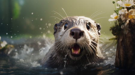 a water otter gracefully swims amidst a vibrant array of flowers in a captivating scene. this artwork, created in the dynamic and exaggerated style, showcases the otter's lively facial expressions. rendered using the unreal engine, the characterful animal portrait captures the essence of caninecore with its navy and beige color palette. the motion blur adds a sense of movement and energy to the composition. aiの素材