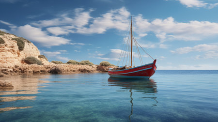 a stunning landscape captured in the style of daz3d, showcasing a boat gracefully floating on the crystal-clear blue sea. the vibrant colors of red and azure create a captivating contrast. this idyllic rural scene, reminiscent of the works of konstantinos parthenis, is brought to life with realistic detail through vray tracing. andre de dienes would surely appreciate the charm of this picturesque setting. ai generatedの素材