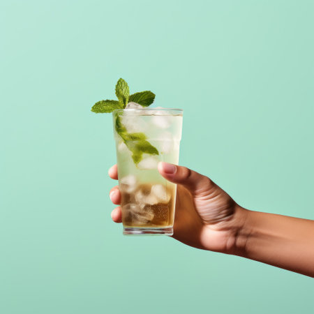 a hand holds a glass filled with a refreshing iced coffee, garnished with mint leaves and sugar. the image is captured against a vibrant turquoise background, showcasing the influence of the american studio craft movement, asian-inspired aesthetics, and the straight photography style. this visually appealing photo is perfect for websites related to manapunk, mid-century design, and the golden ratio. ai generatedの素材
