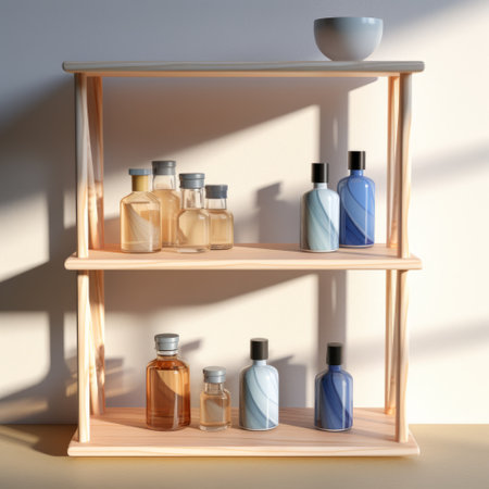 a perfume bottle rack showcased on the samsung galaxy tab 4, designed in the style of unreal engine 5. this visually stunning image features ray tracing, with a beautiful interplay of light indigo and light brown hues. inspired by makoto shinkai's work, it offers a realistic portrayal of light and shadow, creating a nature morte scene with vibrant and colorful washes. ai generatedの素材