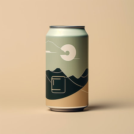 the can features a print of the city's nearby mountains, showcasing a muted color palette and rounded shapes. with a lo-fi aesthetic, the image portrays light brown and cyan tones against minimalist backgrounds. the design incorporates light green and navy accents, adding a rusticcore touch to the overall look. ai generatedの素材