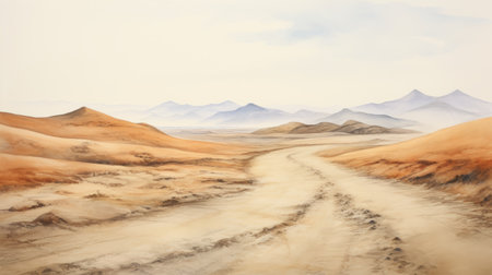 a colorful drawing of a road through the desert, featuring delicate watercolor landscapes in light orange and bronze hues. the hyper-realistic oil technique brings out the intricate details of the scene, while the 8k resolution ensures a high-quality viewing experience. the composition is reminiscent of whistlerian art, with layered and atmospheric landscapes that evoke a sense of tranquility. the artwork also showcases elements of traditionalの素材