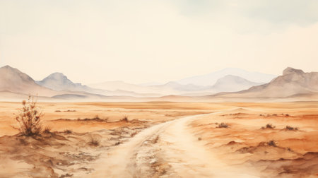 a stunning watercolor image captures the essence of a red dirt road cutting through a desert landscape. this 8k resolution artwork showcases layered and atmospheric elements, reminiscent of orientalist scenes. with a touch of whistlerian influence, the delicate and thought-provoking composition offers a landscape with social commentary, all in a beautiful beige color palette. ai generatedの素材