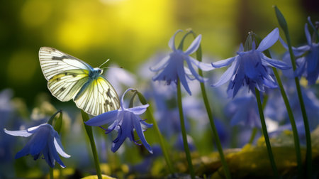 a butterfly gracefully rests on a vibrant blue forest flower, creating a captivating scene of natural beauty. this narrative-driven visual storytelling captures the essence of whimsical fairy tales, with its light green and white hues. enhanced by vray tracing and high dynamic range, the image showcases a dreamlike quality, reminiscent of an enchanting world brought to life by unreal engine 5. ai generatedの素材