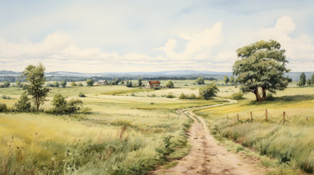a highly detailed watercolor painting depicts a dirt road cutting through a field, showcasing the artist's skill in rendering delicate landscapes. the style is reminiscent of the northwest school, with its emphasis on vernacular architecture. the color palette features light yellow and red hues, adding warmth to the scene. this artwork showcases the influence of danish design in its composition and execution. ai generatedの素材