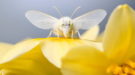 a male monsoon moth perched on a flower, showcasing its vibrant colors of light yellow and light white. this national geographic photo captures the intricate details of the moth's shiny eyes. the image, taken in the style of angura kei, is a high-resolution uhd photograph achieved through focus stacking. an associated press photo that beautifully portrays the beauty of nature. ai generatedの素材