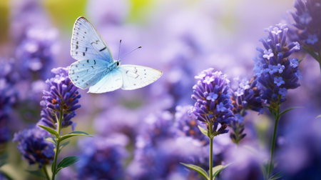 a butterfly in flight hovers gracefully above a bed of vibrant purple flowers, creating a mesmerizing scene. the calming color palette of light indigo and light azure adds to the serene ambiance. this high-definition image showcases a monochromatic color scheme, with the butterfly's delicate wings standing out against the backdrop of nature-inspired light white and blue hues. ai generatedの素材