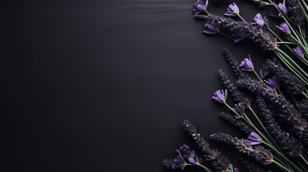 lavender flowers stand out against a dark background in this avh photo. the minimalistic elements and black background create a striking contrast. the uhd image showcases the beauty of the flowers, while the decorative borders add an artistic touch. the texture-rich surfaces and black paintings enhance the overall aesthetic. ai generatedの素材