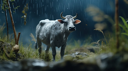 a white cow stands in the woods, rain falling in the background. this zbrush-style, indonesian art-inspired image is rendered in cinema4d. the detailed miniatures showcase dark blue and gray tones, creating lively illustrations of realistic urban scenes. ai generatedの素材