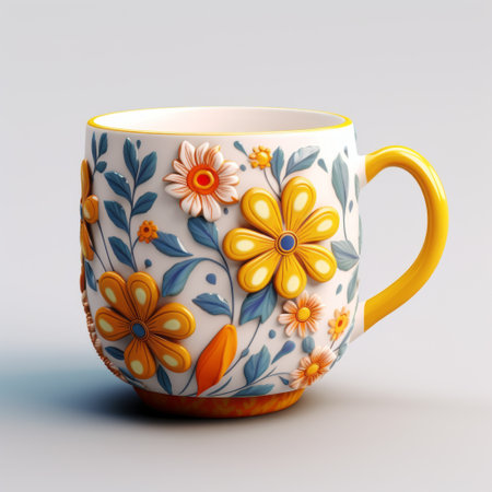a cup with a flower painted in vibrant colors, showcasing a realistic hyper-detailed rendering. the yellow cup features intricately detailed patterns and a meticulous design, creating a texture-rich and colorful cartoon-like effect. this stunning piece is brought to life with the use of vray technology. ai generatedの素材