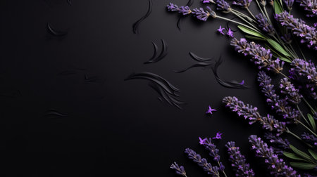 a lavender flower with leaves is captured in a close-up shot on a dark background. the image showcases the organic sculpting style, with flowing silhouettes and a scattered composition. the typographic and top view adds an artistic touch to the photograph. this black painting by leszek bujnowski highlights the raw materials used in creating this stunning floral arrangement. ai generatedの素材