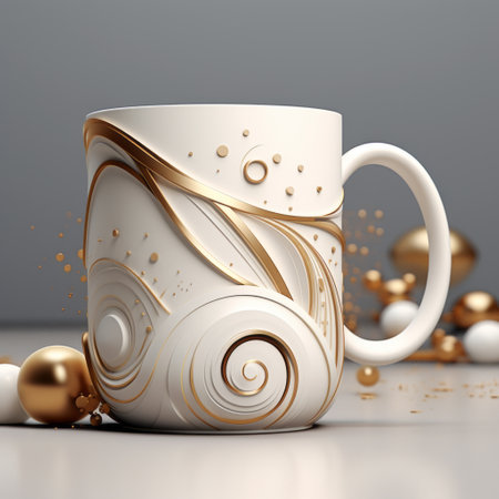 an unfinished 3d mug, shaped like a swirl with balls, showcases an elegant blend of white and gold. created using vray and incorporating whimsical scenes, serene mood, and xmaspunk elements, this mug exudes a unique charm. the intricate inking techniques and vray tracing add depth and sophistication to the design. ai generatedの素材