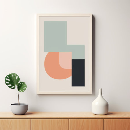a white table in a hallway featuring an art print, wooden chair, and small plant. the colorful cubist style showcases light teal, light orange, light pink, and dark green hues. the graphic and stylized forms create a visually striking composition. the clean and simple designs, reminiscent of precisionist art, add a touch of elegance to the space. ai generatedの素材