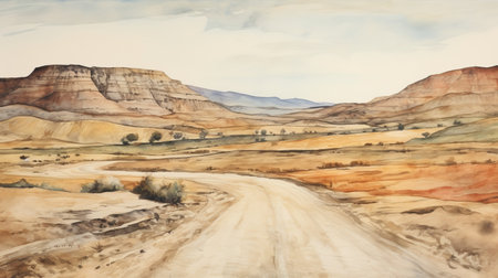 a watercolor sketch of a desert road winding through majestic mountains, capturing the essence of classic americana. this realistic landscape painting showcases soft, tonal colors reminiscent of glazed earthenware. the artwork evokes a romanticized country life, blending elements of prairiecore and wide-angle lens perspectives. the large-scale composition immerses viewers in the beauty of the desert landscape. ai generatedの素材
