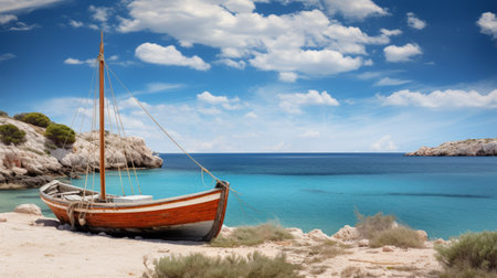 a sandy beach with a mediterranean landscape style featuring romantic and dramatic scenery. the water is a beautiful light turquoise, contrasting with the dark red hues. the photo showcases detailed ship sails, restored and repurposed. this captivating image captures the essence of a firecore, national geographic photo. ai generatedの素材