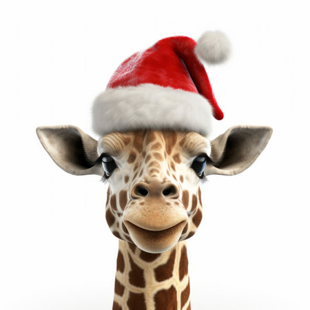 a giraffe wearing a christmas hat with santa on, captured in a realistic and hyper-detailed rendering. the fisheye lens adds a unique perspective, while vray tracing enhances the intricate details. the photo showcases the stunning facial expression of the giraffe, creating a beautiful and sleek matte image. ai generatedの素材