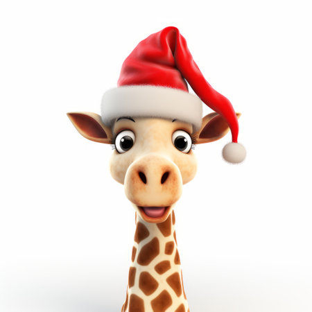 a cartoon image of a giraffe wearing a santa hat, rendered in a realistic and detailed style reminiscent of vray and flickr. the giraffe's elegant and emotive face captures the essence of neue sachlichkeit, while the overall composition remains congruent with the leica r8 aesthetic. ai generatedの素材