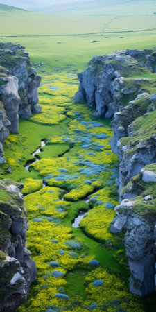 a green field with grass and rocks, resembling the style of max rive, showcases striated resin veins and bold chromaticity. the eroded interiors add depth to the scene, with hints of light yellow and light azure. this captivating birds-eye-view photograph captures the essence of mike campau's artistic vision. ai generatedの素材