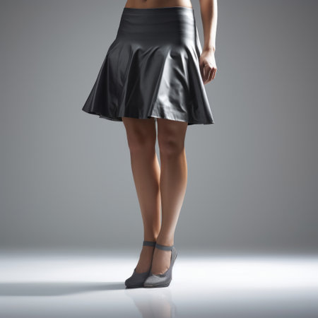 a human model showcasing a stylish outfit consisting of a dark gray and black skirt, top, and sandals. the low-angle shots capture the smooth and shiny texture of the ensemble, while the high-resolution, uhd image highlights the intricate details of the leatherhide material. the ambient occlusion adds depth and realism to the photograph. ai generatedの素材
