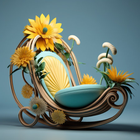 the rocking chair, rendered in cinema4d, features a captivating design with flowers and leaves. its dark yellow and aquamarine color scheme adds a touch of vibrancy. inspired by organic architecture and fairy tales, this piece showcases intricate spirals and curves. created by talented artists francois boquet and grzegorz domaradzki. ai generatedの素材