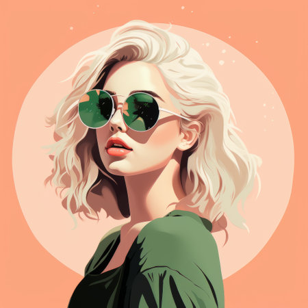 young female in sunglasses walking in an orange frame, showcasing the art style of artgerm. the vibrant colors of light magenta and dark green create a warm and inviting color palette. the hyper-realistic portraits and charming character illustrations capture the essence of the mono-ha movement. this photo exudes the unique and captivating energy of the 85 new wave. ai generatedの素材