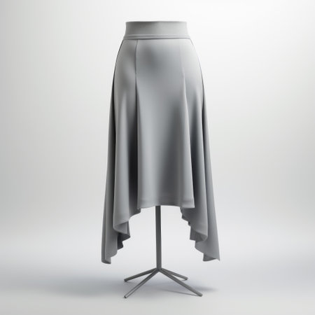 a mannequin model is seen wearing a grey asymmetrical skirt and high heels. the style of the photo is a realistic hyper-detailed rendering, with flowing draperies and a rim light effect. the color palette consists of light silver and light gray. this associated press photo captures the symmetrical asymmetry of the outfit, creating a visually striking image. ai generatedの素材