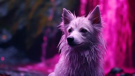 a white dog sits against a vibrant purple background, reminiscent of digital fantasy landscapes. the image exudes a soggy, cinematic mood with hints of pink and crimson. the realistic lighting and close-up perspective showcase the photo-realistic techniques used to capture this captivating scene. ai generatedの素材