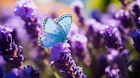 a butterfly perched delicately on a lavender flower surrounded by vibrant blooms. the photo showcases a beautiful contrast between the dark azure and light aquamarine hues of the flowers. with a shallow depth of field, the image captures accurate and detailed features of the butterfly. the bold chromaticity of light azure and navy adds to the captivating composition, reminiscent of a national geographic photo. aiの素材