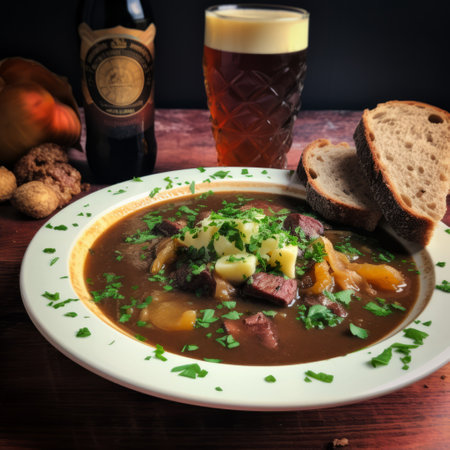 irish meat stew, a hearty dish made with tender meat and vegetables, is beautifully presented in a white bowl. accompanied by freshly baked bread and a glass of beer, this traditional meal captures the essence of irish cuisine. the dark bronze and dark amber tones add a warm and inviting touch to the image, creating a visually appealing composition. ai generatedの素材
