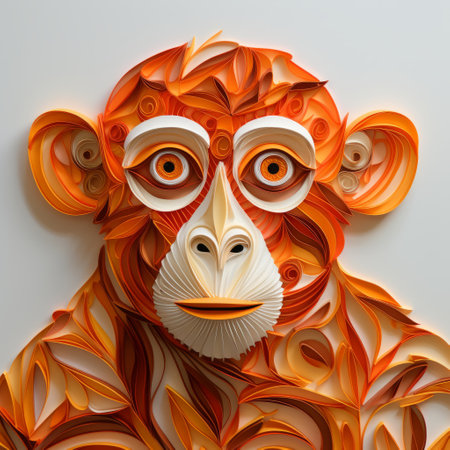 a paper monkey adorned with orange leaves, showcasing a realistic and hyper-detailed rendering. this unique artwork combines spirals, multi-layered geometry, precisionist lines, and carved animal figures. the design exudes angular simplicity while capturing the intricate beauty of detailed wildlife. ai generatedの素材