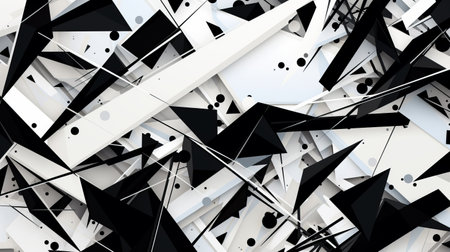an abstract black and white wallpaper featuring intricate lines, inspired by the cubist shattered planes. this artwork showcases chaotic environments, layered abstracts, precisionist lines and shapes, punctured canvases, industrial angles, and deconstructed objects. ai generatedの素材