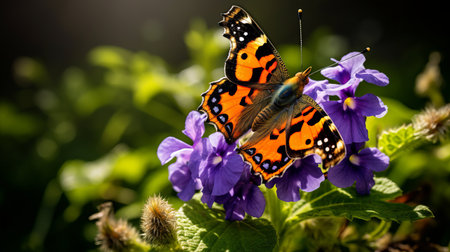 a butterfly perched on purple flowers on the ground, captured in a stunning uhd image. the photo, taken in the style of dark orange and light navy, showcases the beauty of nature with its light green and purple hues. this backlit photography by the associated press is a perfect example of nature-inspired imagery. ai generatedの素材
