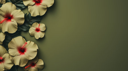 a stunning 8k resolution photo featuring a chicano-inspired flower frame with pink flowers on a beautiful green background. the photorealistic renderings showcase the oriental minimalism with a touch of dark yellow and light beige. the matte photo exudes elegance with its dark gray and red tones. ai generatedの素材
