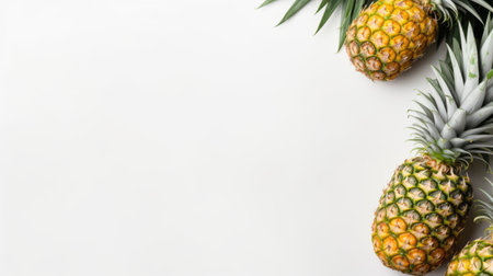 a couple of fresh pineapples with green leaves on a white background, captured from a birds-eye-view perspective. this minimalist image showcases the vibrant colors and natural beauty of the pineapples. perfect for commercial use, solapunk themes, innovative page designs, and high-resolution displays with its 32k uhd quality. embrace the simplicity and minimalism of this stunning photograph. ai generatedの素材