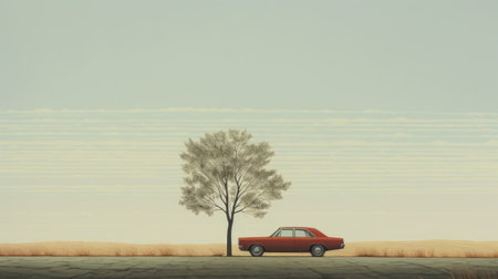 a red car is parked on a deserted road, reminiscent of minimalist painter's style. the realistic and hyper-detailed rendering captures the ethereal trees surrounding the scene. the classic still-life composition exudes a prairiecore aesthetic, while the silkscreening technique adds depth to the light sky-blue and brown color palette. ai generatedの素材