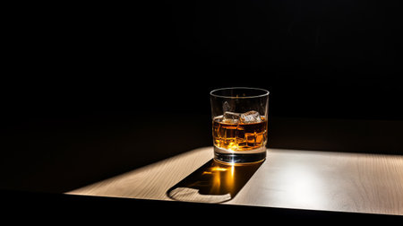 glasses of whiskey, showcased in a captivating play of light and shadows, stand out against a dark background. this composition, reminiscent of the bold shadows found in the american barbizon school, exudes an air of sophistication. crafted with precious materials, the image captures a warmcore aesthetic, combining realist lifelike accuracy with a minimalistic serenity, resulting in luminous shadows. ai generatedの素材