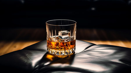 a glass of whiskey sits on a leather ottoman, creating a captivating image with its backlit photography style. the split toning adds depth, while layered fibers enhance the texture. the thought-provoking composition, made of crystals, showcases dignified poses and an orthogonal perspective. ai generatedの素材