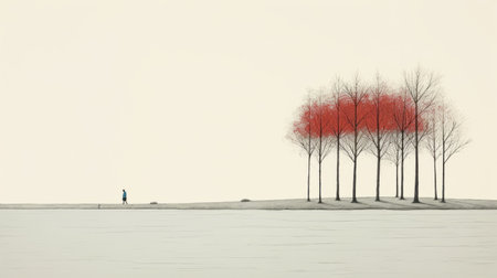 three red trees, standing on the ground, create a striking visual in this series of minimalistic portraits. the hyper-detailed illustrations showcase romantic riverscapes with a flattened perspective. the color palette of gray and aquamarine adds a serene touch to the snow scenes, enhancing the stark minimalism of the overall composition. ai generatedの素材
